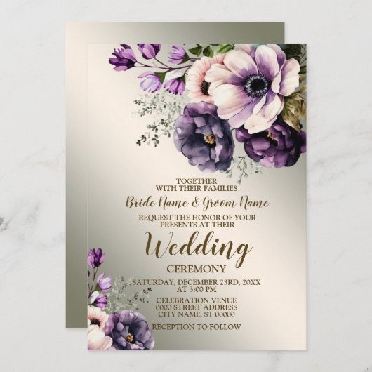 ウェディングパーティーパープルピンクの花が金色にエレガントなる 招待状 (正面/裏面)