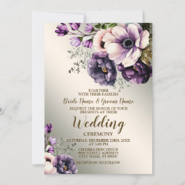 ウェディングパーティーパープルピンクの花が金色にエレガントなる 招待状