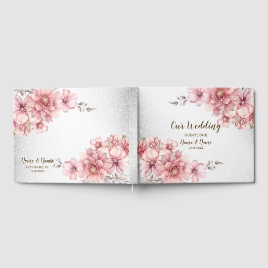 ウェディングパーティーピンクの水色の花の光沢のあるグリッター ゲストブック (全面)