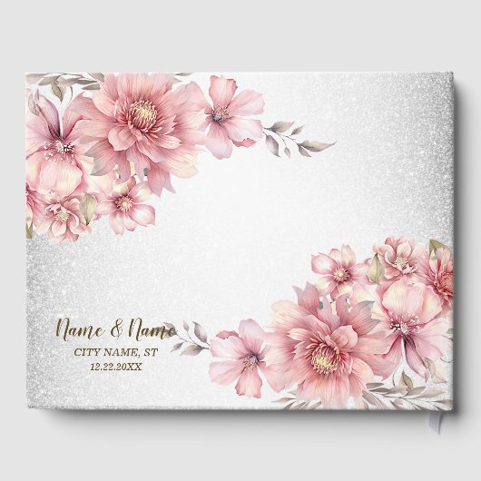 ウェディングパーティーピンクの水色の花の光沢のあるグリッター ゲストブック (裏面)