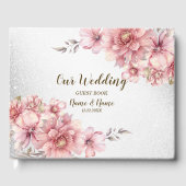ウェディングパーティーピンクの水色の花の光沢のあるグリッター ゲストブック (正面)
