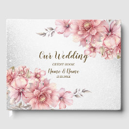 ウェディングパーティーピンクの水色の花の光沢のあるグリッター ゲストブック