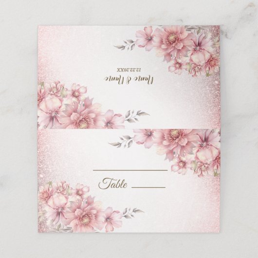 ウェディングパーティーピンクの水色の花の光沢のあるグリッター プレイスカード (外部開封)