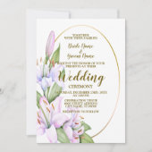 ウェディングパーティーピンクリリーフラワーゴールデンフレーム 招待状 (正面)