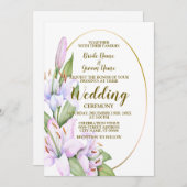 ウェディングパーティーピンクリリーフラワーゴールデンフレーム 招待状 (正面/裏面)