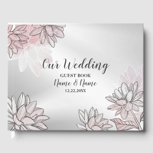 ウェディングパーティーピンク白い花水色シルバー ゲストブック (正面)