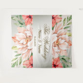 ウェディングパーティーピーチオレンジ葉色の花素朴類 タペストリー (正面(横))