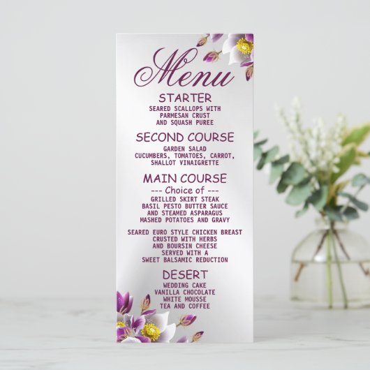 ウェディングパーティーフローラピンクパープルシルバーディナー メニュー (スタンド正面)