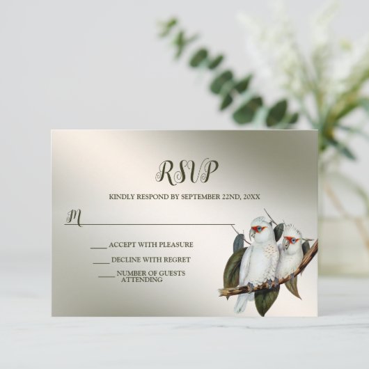 ウェディングパーティーホワイトバーズコカトゥーグリーン葉 出欠カード (スタンド正面)