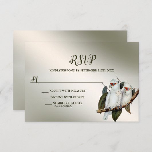 ウェディングパーティーホワイトバーズコカトゥーグリーン葉 出欠カード (正面/裏面)