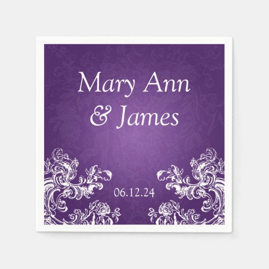 ウェディングパーティーヴィンテージ渦巻き2紫 スタンダードカクテルナプキン (正面)