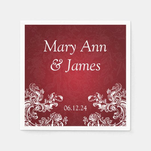 ウェディングパーティーヴィンテージ渦巻き2赤 スタンダードカクテルナプキン (正面)
