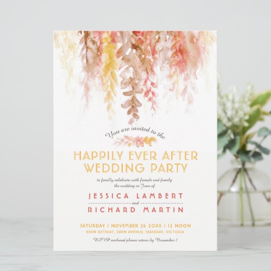 ウェディングパーティー後の水色つる植物オレンジ・ブラウン 招待状 (スタンド正面)