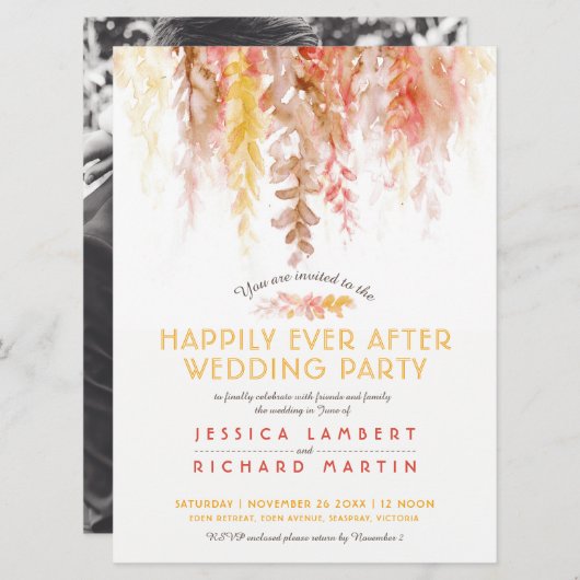 ウェディングパーティー後の水色つる植物オレンジ・ブラウン 招待状 (正面/裏面)