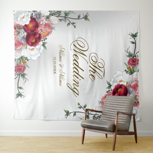 ウェディングパーティー カラフル レッド ホワイト フラワー シルバー タペストリー (インサイチュ(横))