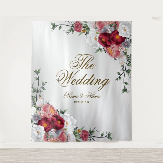 ウェディングパーティー カラフル レッド ホワイト フラワー シルバー タペストリー (正面)