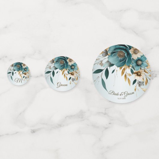 ウェディングパーティー ターコイズ ホワイト フラワー ゴールデン リーフ コンフェッティ (裏面)