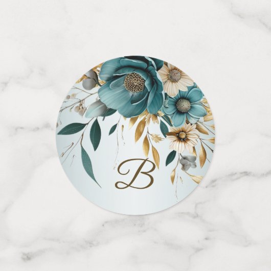 ウェディングパーティー ターコイズ ホワイト フラワー ゴールデン リーフ コンフェッティ (スモール正面)