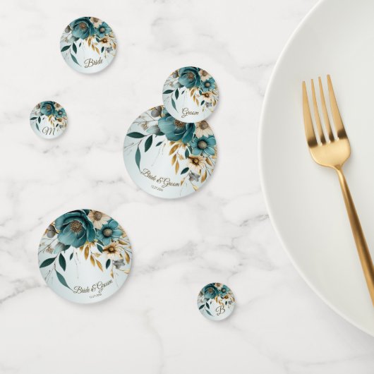 ウェディングパーティー ターコイズ ホワイト フラワー ゴールデン リーフ コンフェッティ (グループ)