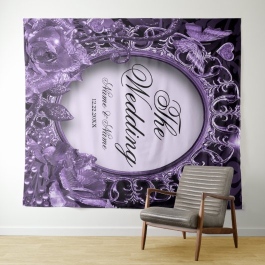 ウェディングパーティー パープル フラワーフレーム エレガント モダン タペストリー (インサイチュ(横))