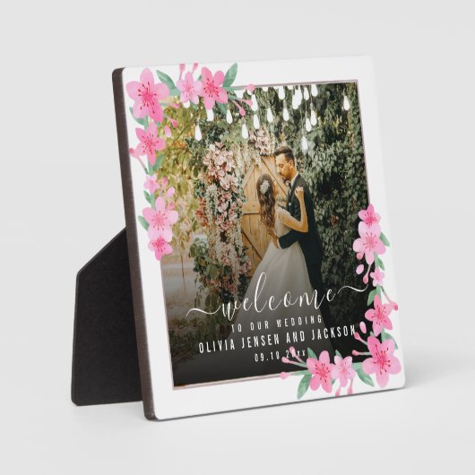 ウェディングパーティー ピンクの花のフレーム プレート おしゃれ フォトプラーク (正面)