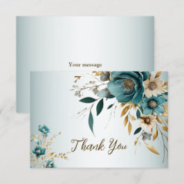 ウェディングパーティ ターコイズ ホワイト フラワー ゴールデン リーフ サンキューカード