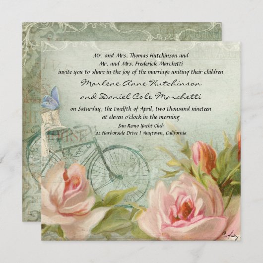 ウェディングヒップスター自転車バラ素朴ウッドコテージ 招待状 (正面/裏面)