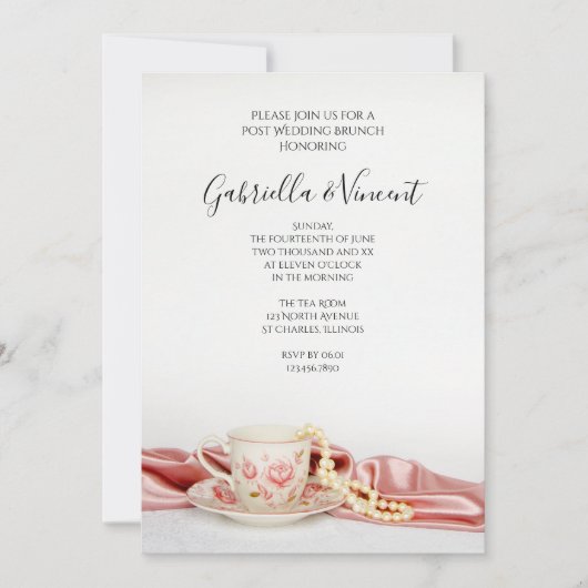 ウェディングピンク フローラル ティーカップ＆パールズ アフターウェディング ブランシュ 招待状 (正面)