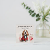 ウェディングフラワーを持つエレガントなウェディングドッグハンドラー スクエア名刺 (スタンド正面)