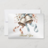 ウェディングフラワーベルピンクブルーリボン美しい サンキューカード (正面)