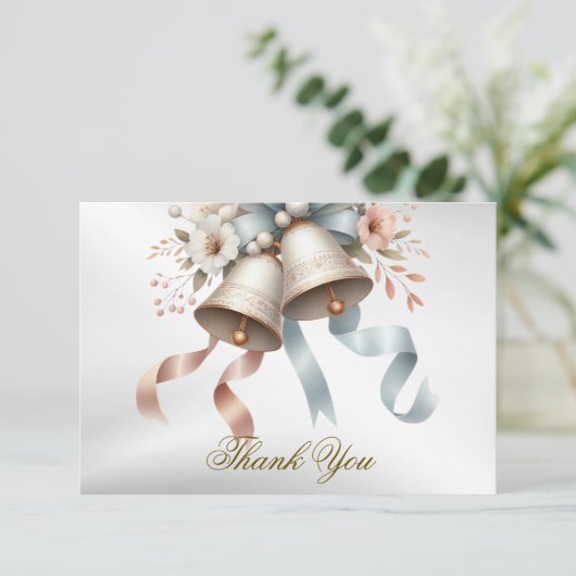 ウェディングフラワーベルピンクブルーリボン美しい サンキューカード (スタンド正面)