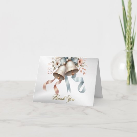 ウェディングフラワーベルピンクブルーリボン美しい サンキューカード (正面)