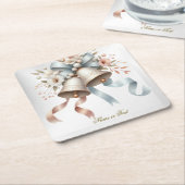 ウェディングフラワーベルピンクブルーリボン美しい スクエアペーパーコースター (アングル)