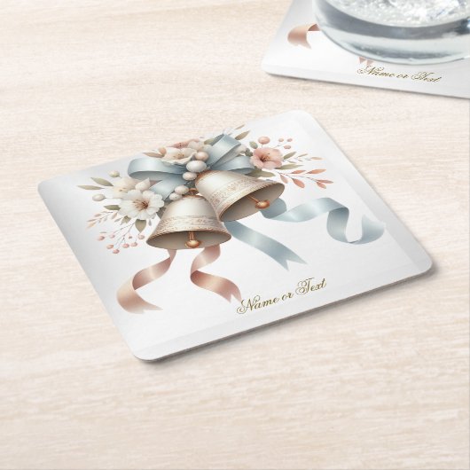 ウェディングフラワーベルピンクブルーリボン美しい スクエアペーパーコースター (アングル)