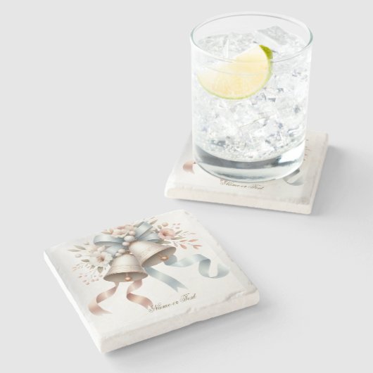 ウェディングフラワーベルピンクブルーリボン美しい ストーンコースター (横)