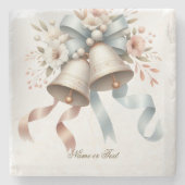 ウェディングフラワーベルピンクブルーリボン美しい ストーンコースター (正面)