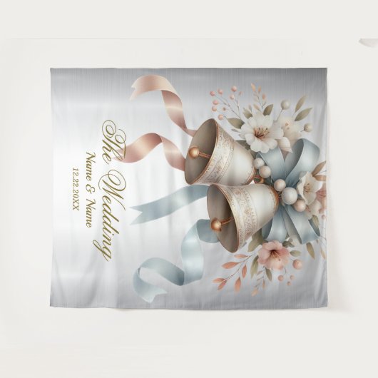 ウェディングフラワーベルピンクブルーリボン美しい タペストリー (正面(横))