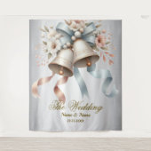 ウェディングフラワーベルピンクブルーリボン美しい タペストリー (正面)