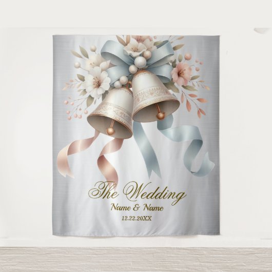 ウェディングフラワーベルピンクブルーリボン美しい タペストリー (正面)