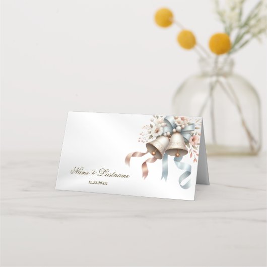 ウェディングフラワーベルピンクブルーリボン美しい プレイスカード (裏面)