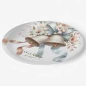 ウェディングフラワーベルピンクブルーリボン美しい ペーパープレート (アングル)