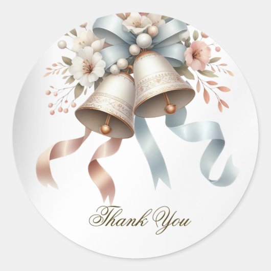 ウェディングフラワーベルピンクブルーリボン美しい ラウンドシール (正面)