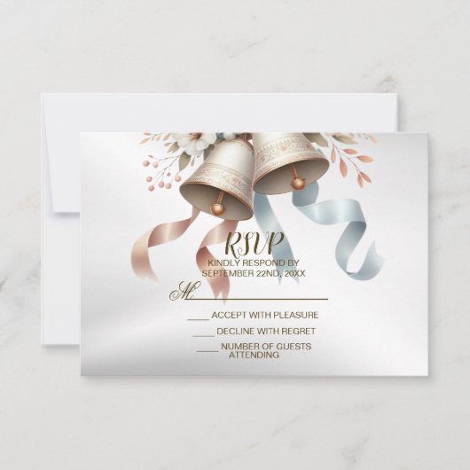 ウェディングフラワーベルピンクブルーリボン美しい 出欠カード (正面)