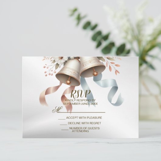 ウェディングフラワーベルピンクブルーリボン美しい 出欠カード (スタンド正面)