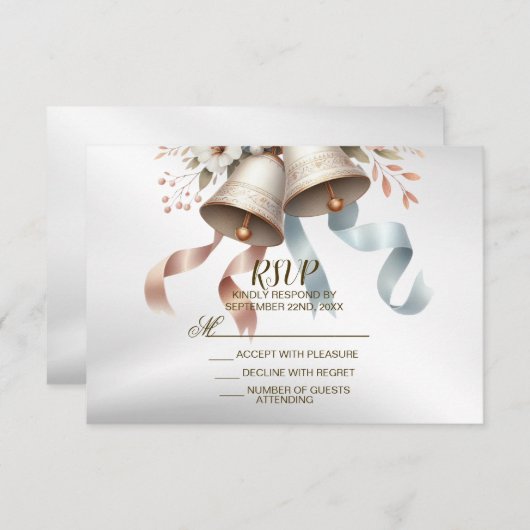 ウェディングフラワーベルピンクブルーリボン美しい 出欠カード (正面/裏面)