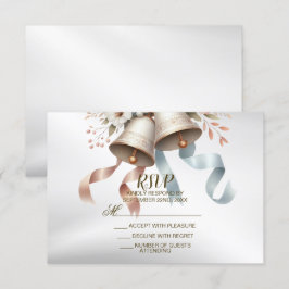 ウェディングフラワーベルピンクブルーリボン美しい 出欠カード