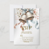 ウェディングフラワーベルピンクブルーリボン美しい 出欠カード (正面)