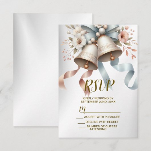 ウェディングフラワーベルピンクブルーリボン美しい 出欠カード (正面/裏面)