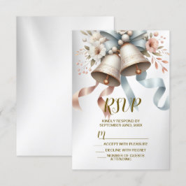 ウェディングフラワーベルピンクブルーリボン美しい 出欠カード