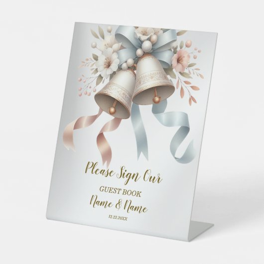 ウェディングフラワーベルピンクブルーリボン美しい 台座サイン (正面)